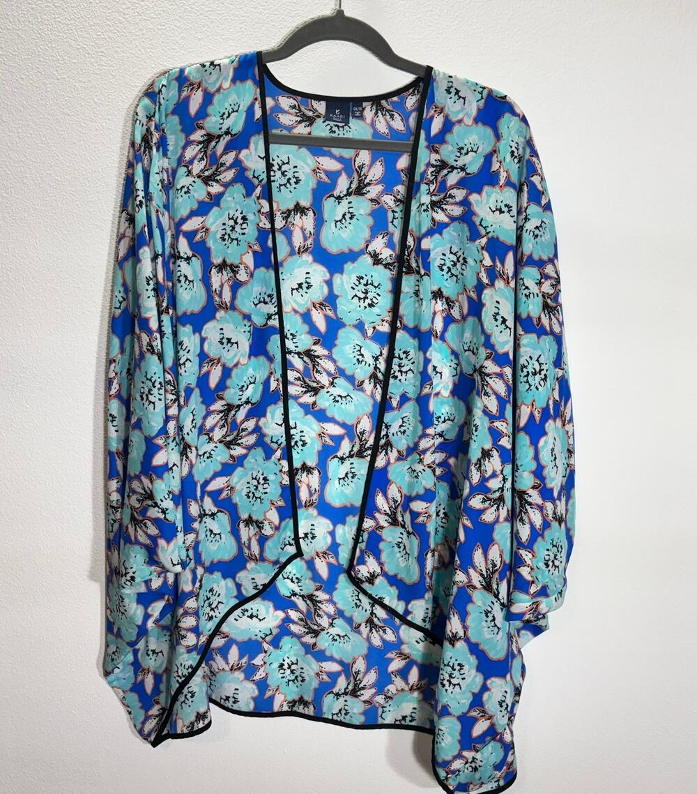 Kaari Blue Women 0X/1X Floral Kimono Cardigan Open Front Blue Teal Sheer Layer